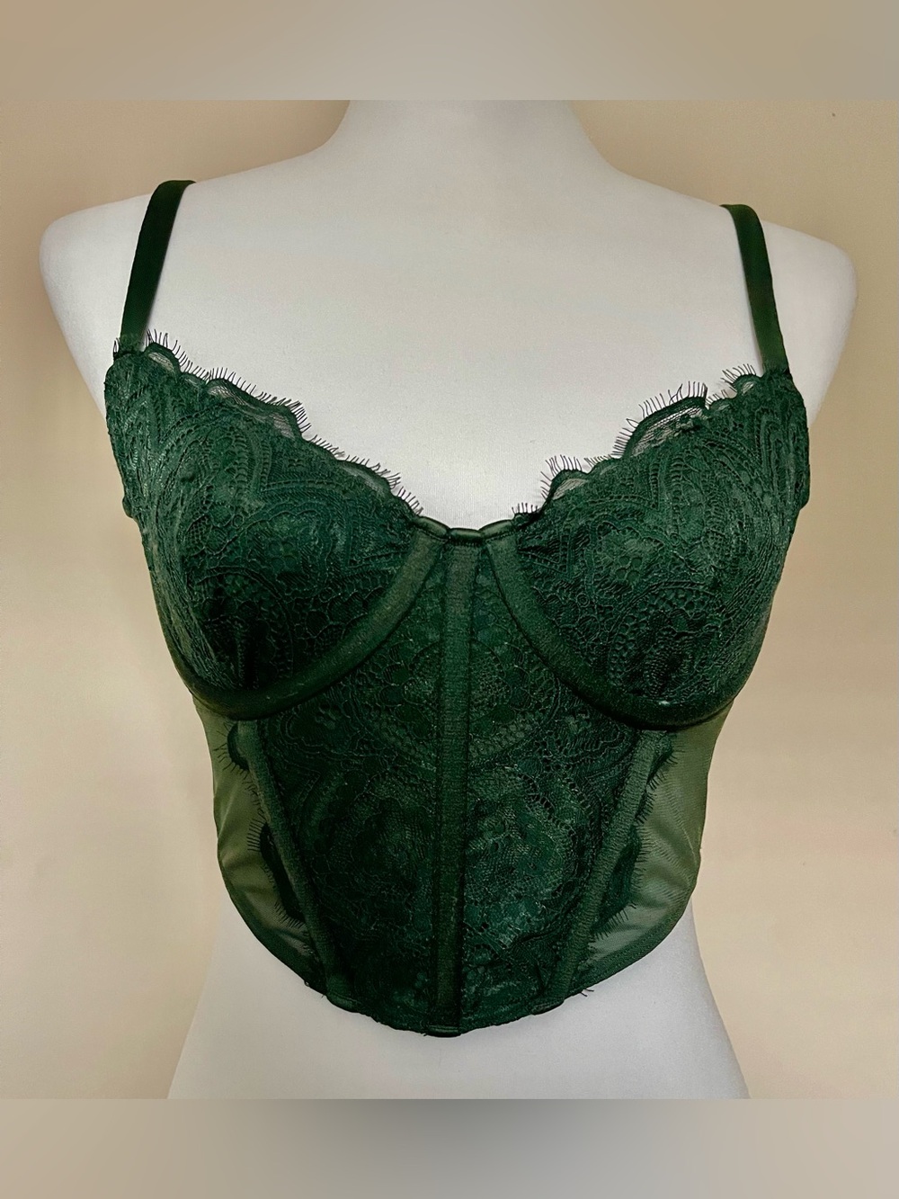 NWT Gilly Hicks Dark Green Lace Corset Bustier Top, Size M
